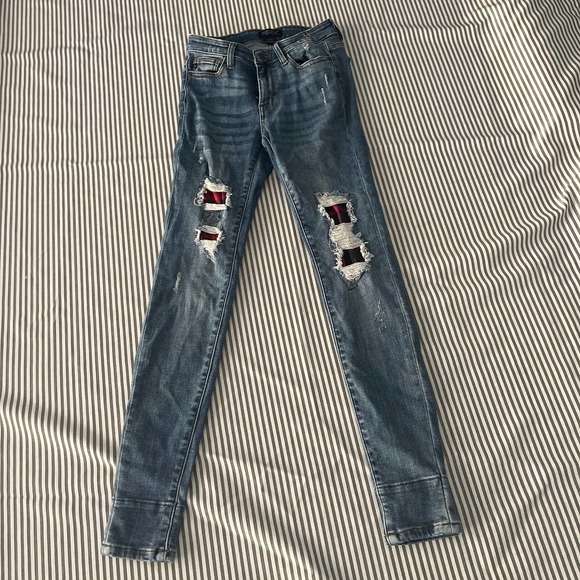 Judy Blue Denim - Judy Blue Distressed Skinny Jeans with Buffalo Plaid Patches